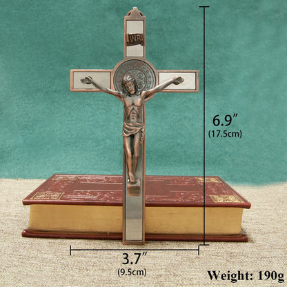 HTISOK Catholic Cross Zinc Alloy Crucifix with St. Benedict Medal & INRI, 6.9" Gift-Boxed Religious Wall Decor for Home Altar