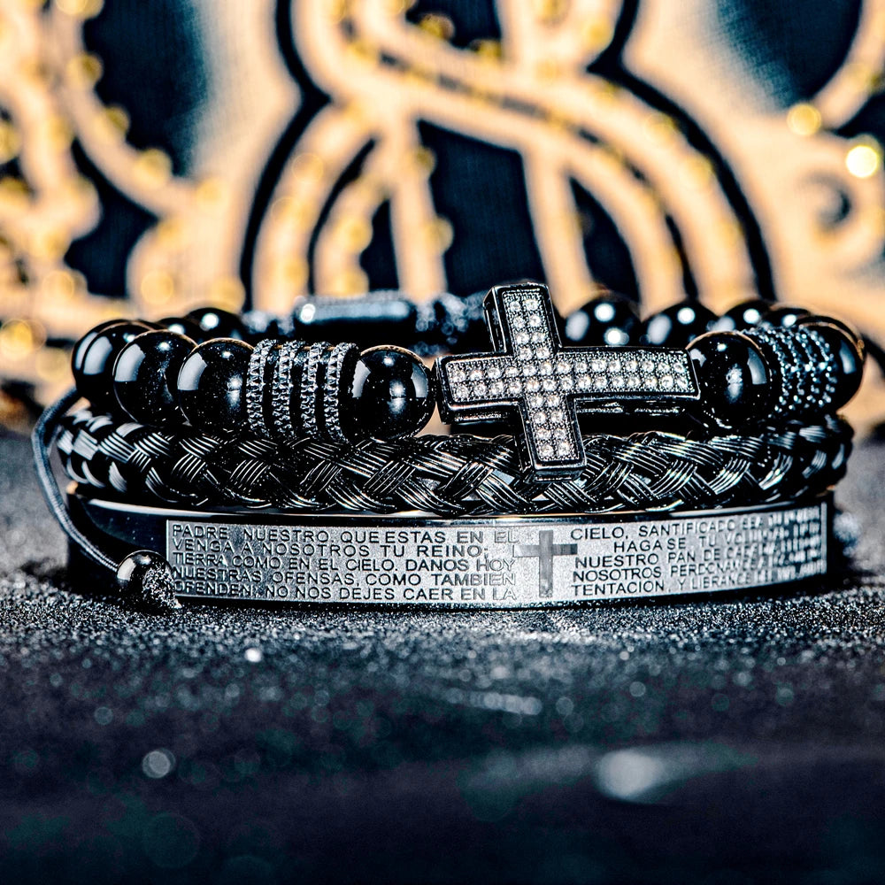 Men'S Vintage Black Onyx Beaded Bracelet with Synthetic Zirconia Cross, Bible Verses Stainless Steel Wristband Religious Jewelry