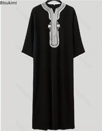 2026 Eid Kaftan Muslim Fashion Abaya for Men Half Sleeve Embroidery Loose Breathable Casual Robe Dubai Arab Islamic Caftan Dress