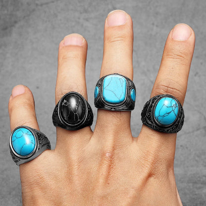Vintage Black Turquoise Carved Men Rings Stainless Steel Punk Rock Luxury Fashion Jewelry Accessories For Women Gift Wholesale