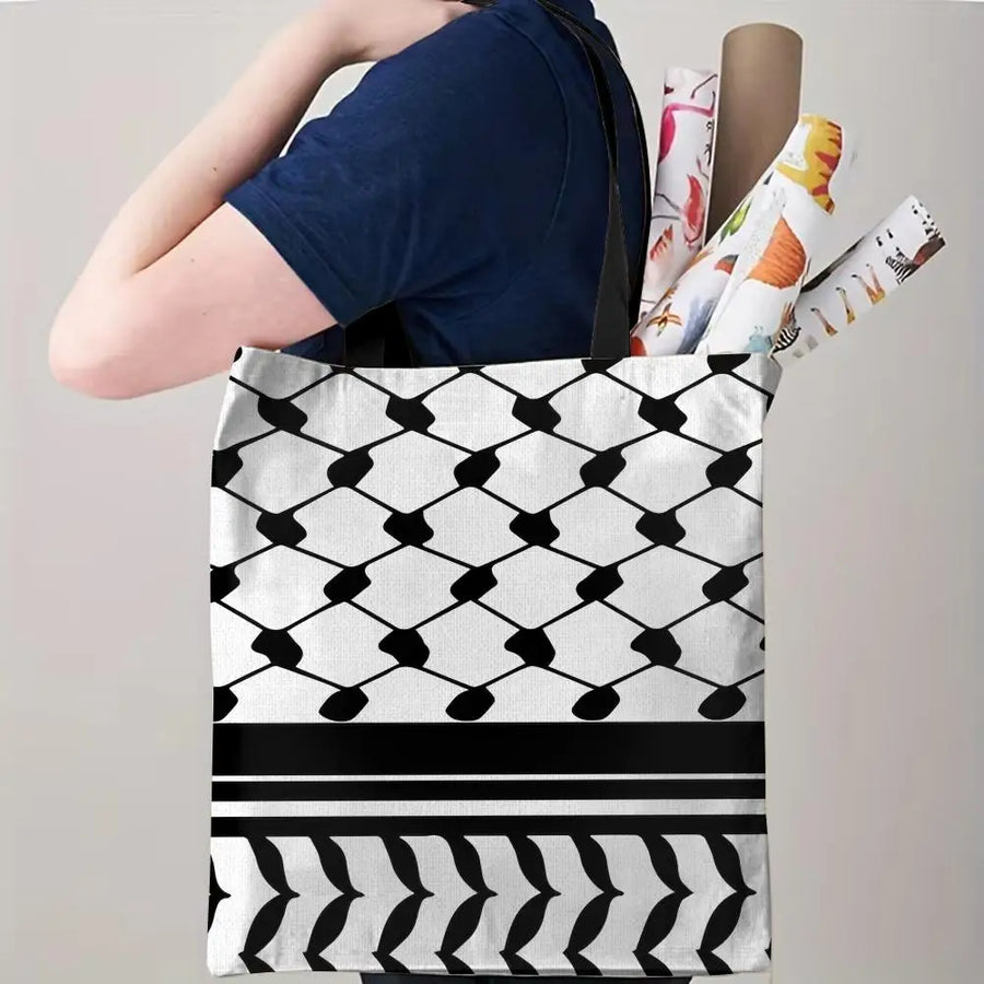 The Keffiyeh Keeper – Checkered Pattern Canvas Storage Tote