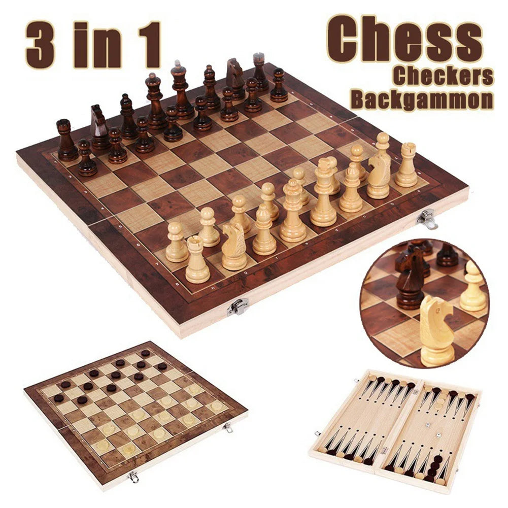 RTENTE-Wooden Foldable 3 In 1 Chess Backgammon Wooden Board Folding Board Game