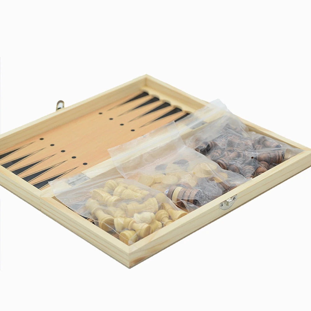 RTENTE-Wooden Foldable 3 In 1 Chess Backgammon Wooden Board Folding Board Game