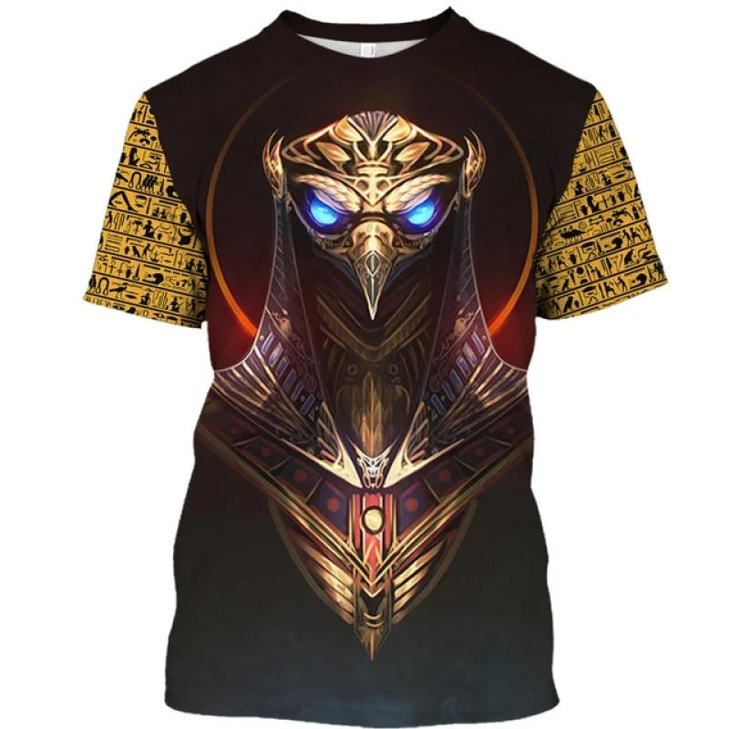 Golden Pharaoh & Anubis T-Shirt – Men's Egyptian Print O-Neck Short Sleeve Tee