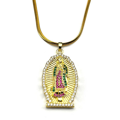 Catholic Virgin Mary Zircons Copper Pendant Necklace for Women Men Stainless Steel Gold Color Our Lady of Guadalupe Jewelry