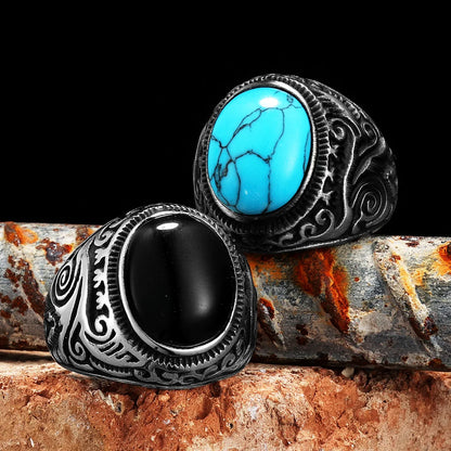 Vintage Black Turquoise Carved Men Rings Stainless Steel Punk Rock Luxury Fashion Jewelry Accessories For Women Gift Wholesale