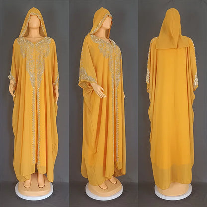 Beading Chiffon Maxi Dress Caftan Abaya Dubai Luxury Muslim Women Clothing Hijabs Femme Plus Size Hooded Long Dresses African