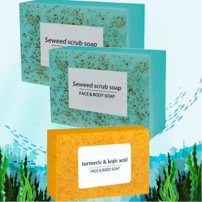 1/2PCS 100G Seaweed scrub particle soap is rich in vitamin E. It contains olive oil, which gently cleanses the face, moisturizes