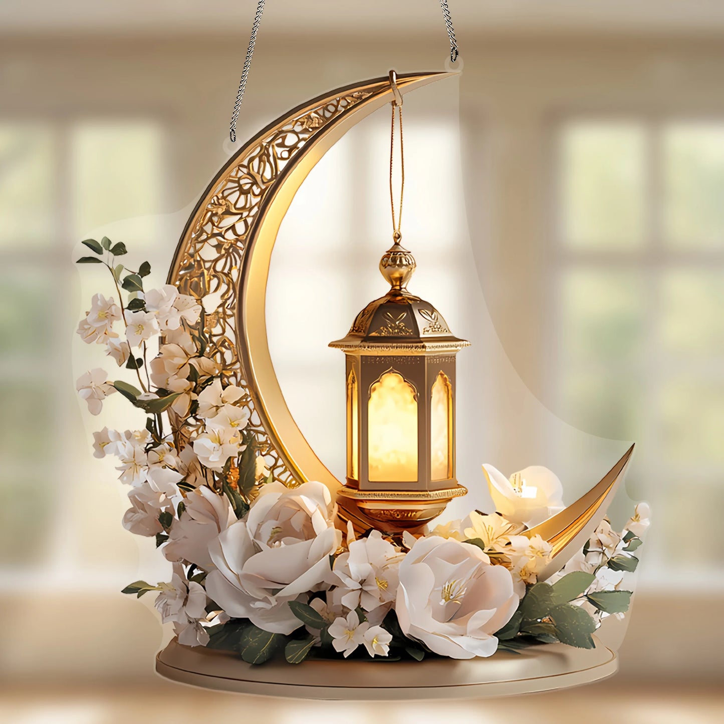 1Pcs Ramadan Golden Moon Hanging Decoration with Lighted Lantern Floral Decoration Eid Al-Fitr Islamic Style Hanging Ornament