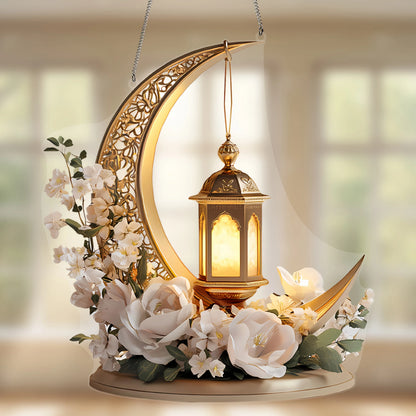 1Pcs Ramadan Golden Moon Hanging Decoration with Lighted Lantern Floral Decoration Eid Al-Fitr Islamic Style Hanging Ornament
