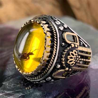 Turquoise Tiger Stone Crystal Amber Ant Men's Ring Personality Fashion Temperament Cold Wind Banquet Jewelry Design Ring