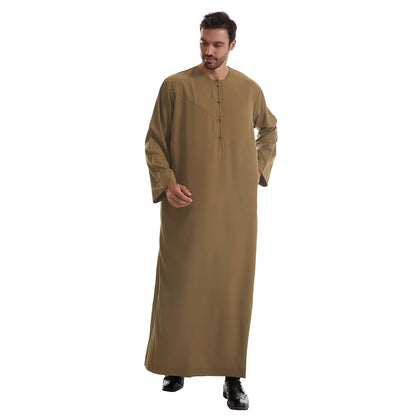 TH839 Men's Muslim Middle Eastern Men Long Sleeves Pure Color Buckle Robe Ramadan Eid Jubba Thobe