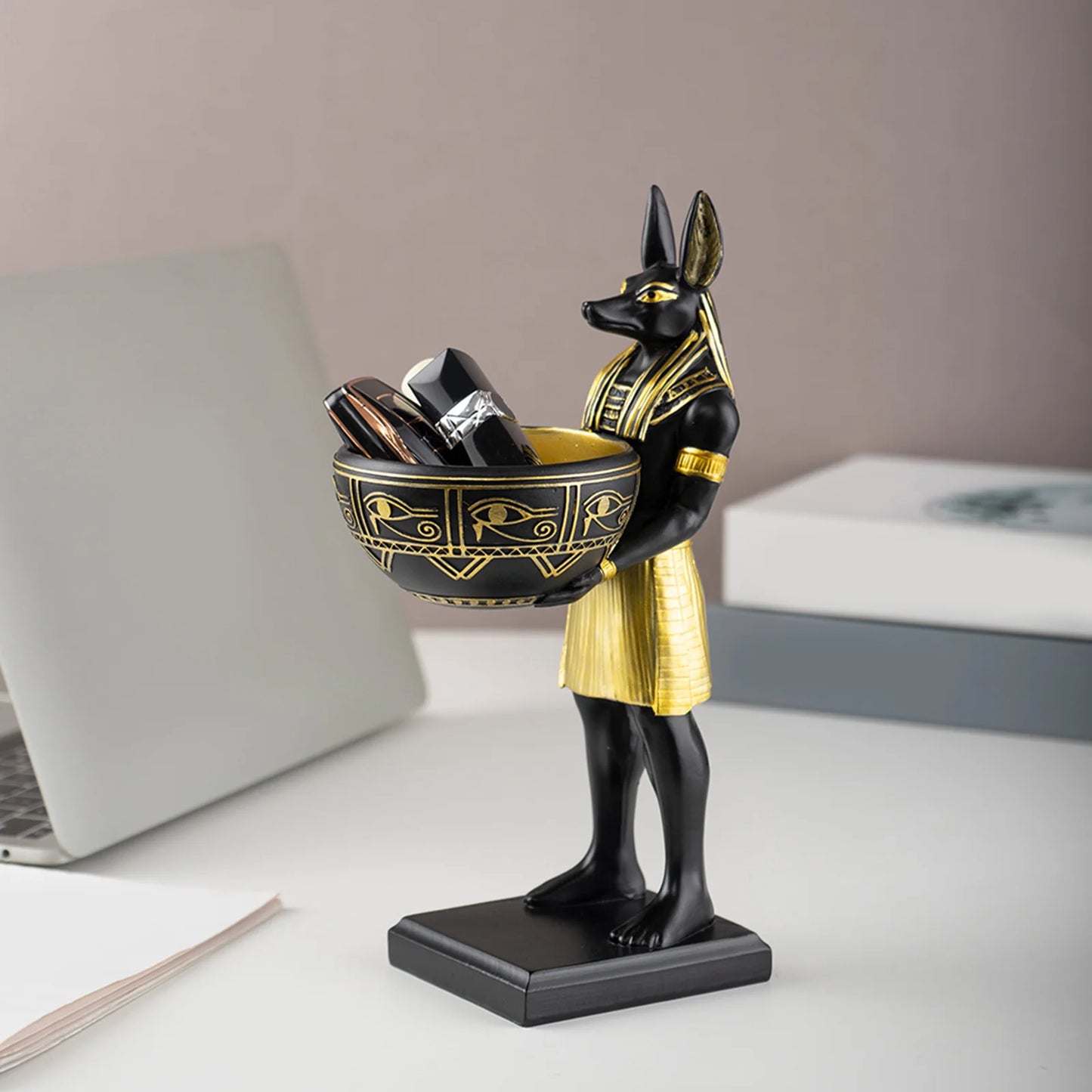 25cm Anubis God Statue Ancient Egypt Art Sculpture with Bowl for Keys/Jewelry Gift for Mythology Lovers & History Buffs