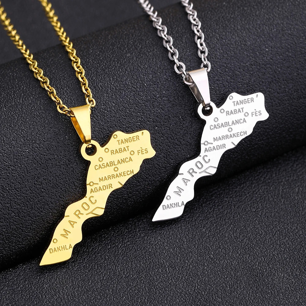 Morocco Map & Cities Pendant – Stainless Steel Necklace, Gold & Silver Color