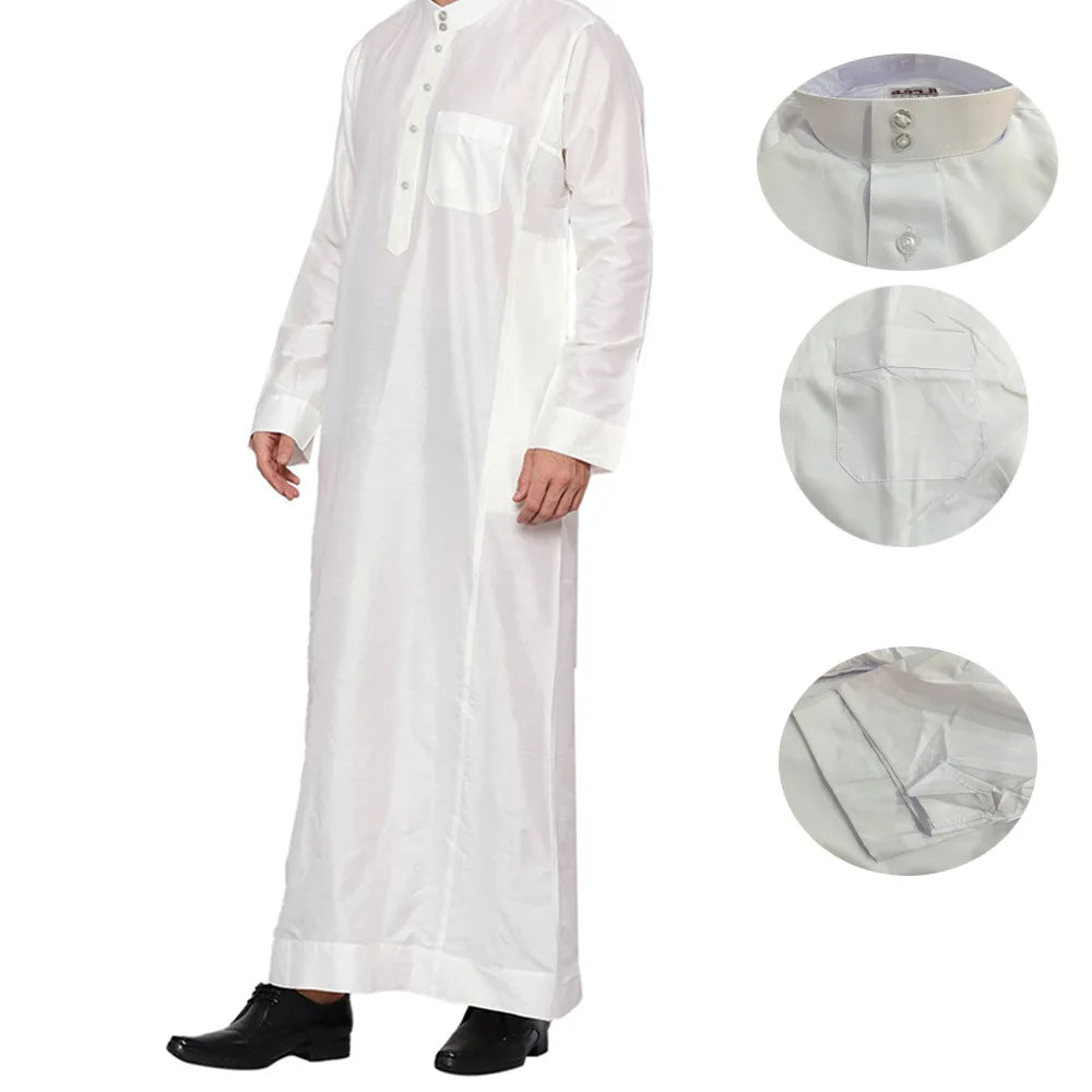 Polyester men's long robe, Qatar style stand collar robe, pocket design, Arabian and Middle Eastern men's clothing, available in