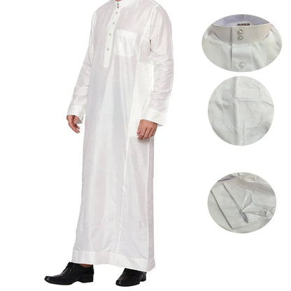 Polyester men's long robe, Qatar style stand collar robe, pocket design, Arabian and Middle Eastern men's clothing, available in