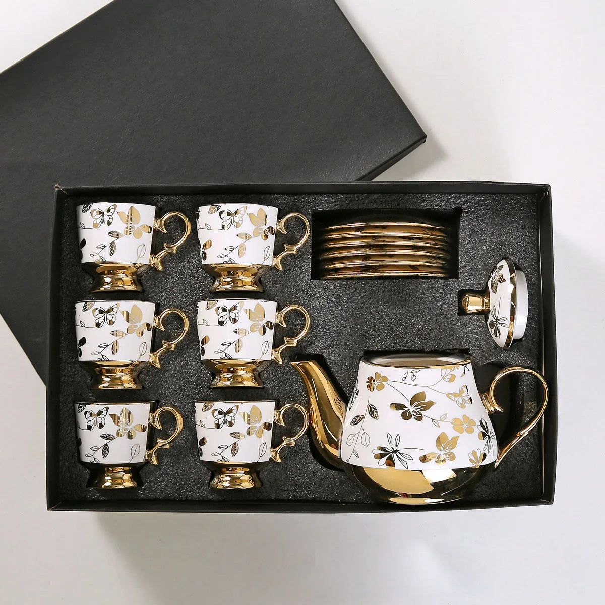 European Arabic Style Gold Plated 6 Cups and 6 Plates and Pot Gift Box Set Ceramic Tea Coffee Cup and Saucer Set for Parties