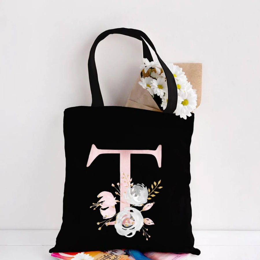 Her Letter, Her Bloom – Personalized Floral Initial Canvas Tote