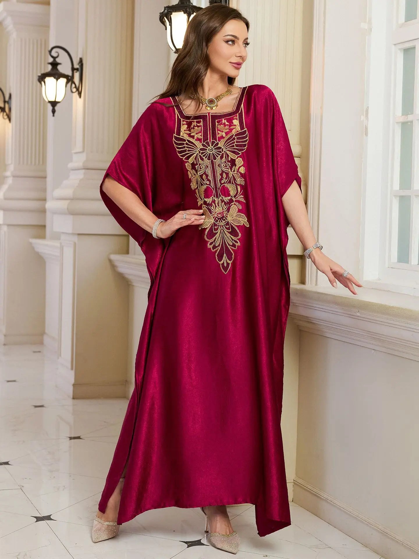 Beach Kaftans for Women Shining Material Embroidered Elegant Maxi Dresses Cover Ups for Swimwear Holiday Beachwear Bathing Suits