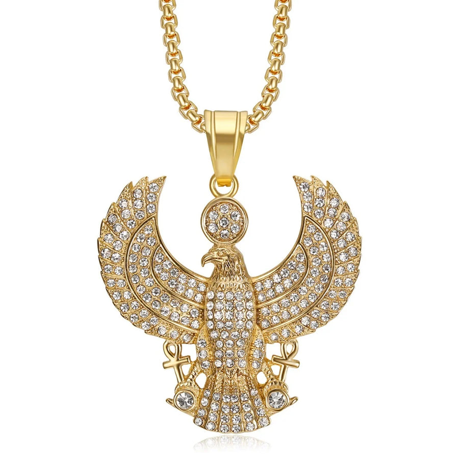 Iced Out Egyptian Ankh & Eagle Pendant – Stainless Steel Pharaoh Necklace for Men & Women