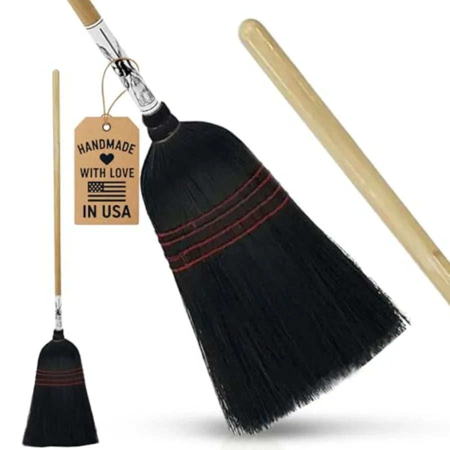 Handmade Amish Corn Broom with Wooden Handle 57" Heavy Duty Broom for Courtyard, Lobby and Market, 100% Corn Fill Straw Broo'm,