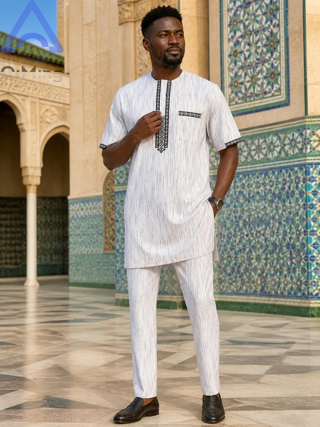QiMing Men's Cotton Muslim Wedding Clothing Two-Piece White Boubou with Embroidery And Stripe Caftan Moroccan Modest Prayerwear