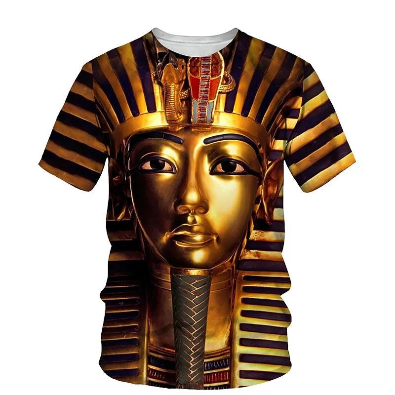 Golden Pharaoh & Anubis T-Shirt – Men's Egyptian Print O-Neck Short Sleeve Tee
