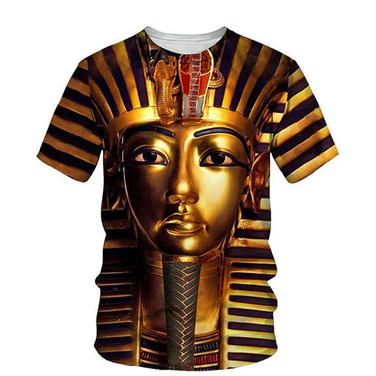Golden Pharaoh & Anubis T-Shirt – Men's Egyptian Print O-Neck Short Sleeve Tee