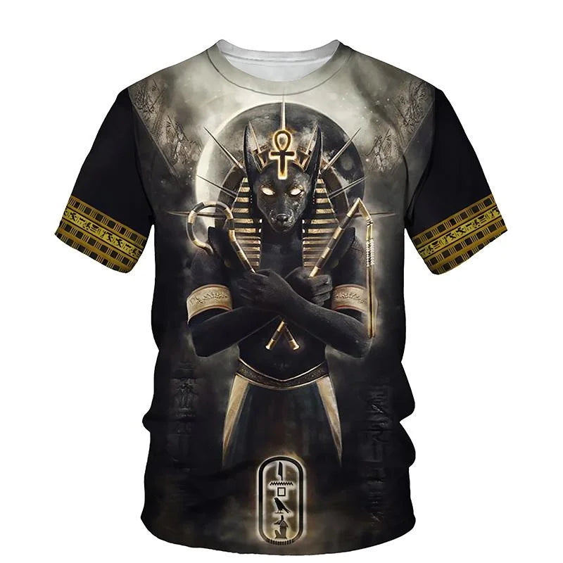 Golden Pharaoh & Anubis T-Shirt – Men's Egyptian Print O-Neck Short Sleeve Tee