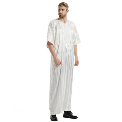 Middle Eastern Muslim Men's Striped Middle Sleeve Embroidered Robe Half Sleeve Arabic Costume Traditional Men's Robe
