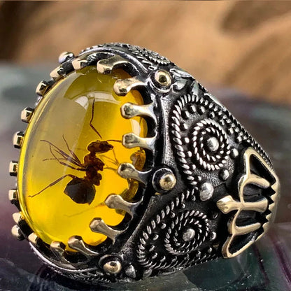 Turquoise Tiger Stone Crystal Amber Ant Men's Ring Personality Fashion Temperament Cold Wind Banquet Jewelry Design Ring