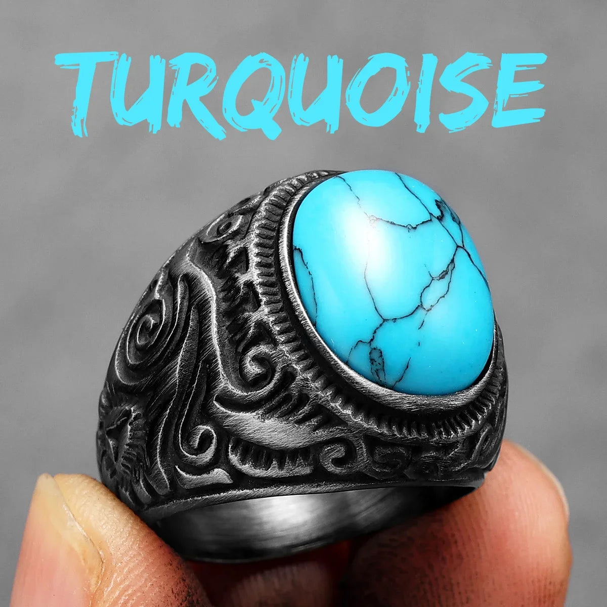 Vintage Black Turquoise Carved Men Rings Stainless Steel Punk Rock Luxury Fashion Jewelry Accessories For Women Gift Wholesale