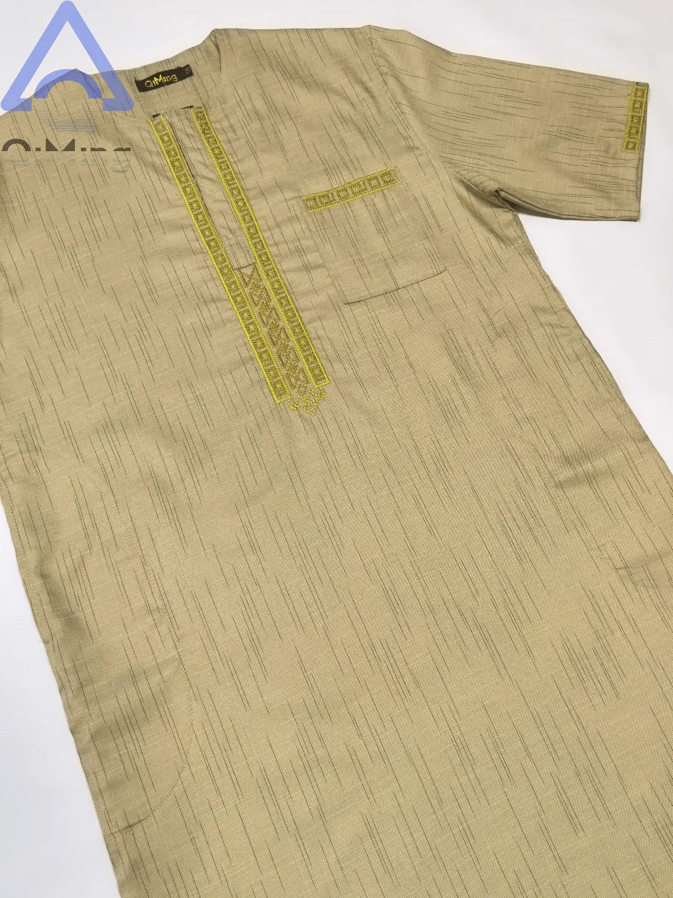 QiMing Men's Cotton Muslim Wedding Clothing Two-Piece White Boubou with Embroidery And Stripe Caftan Moroccan Modest Prayerwear
