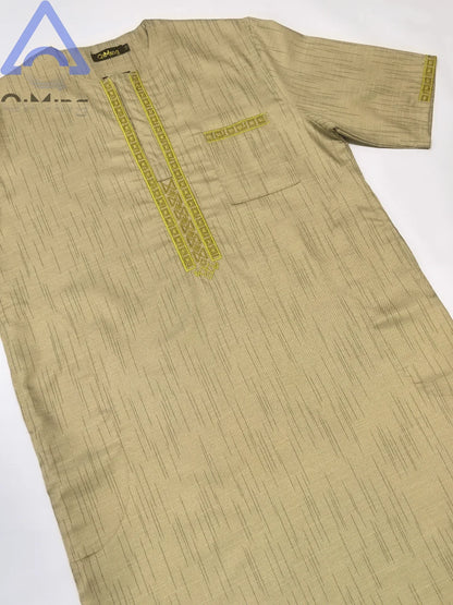 QiMing Men's Cotton Muslim Wedding Clothing Two-Piece White Boubou with Embroidery And Stripe Caftan Moroccan Modest Prayerwear