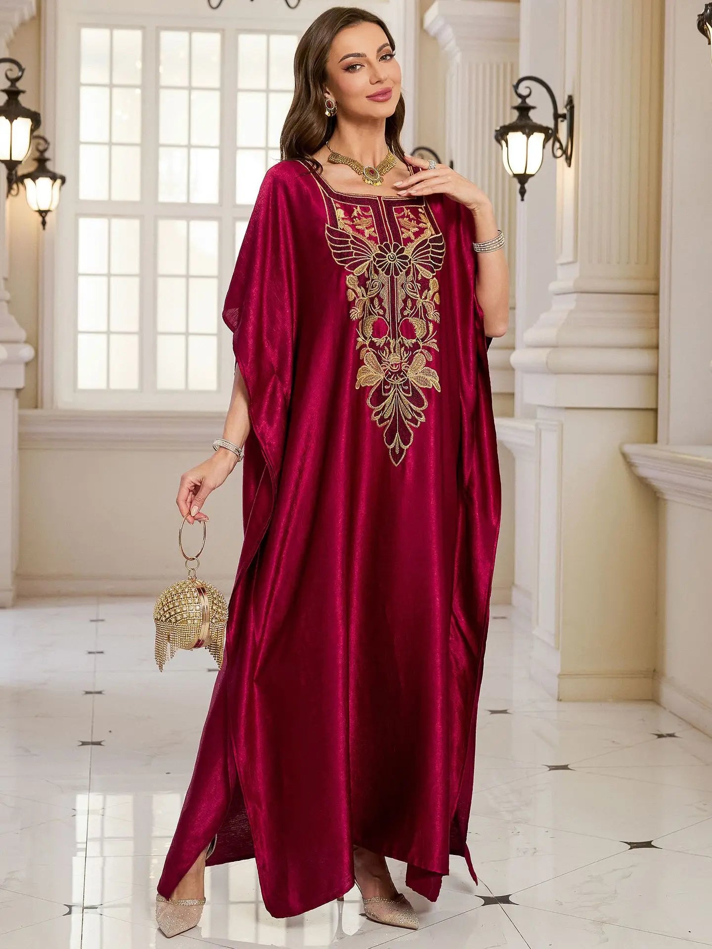 Beach Kaftans for Women Shining Material Embroidered Elegant Maxi Dresses Cover Ups for Swimwear Holiday Beachwear Bathing Suits