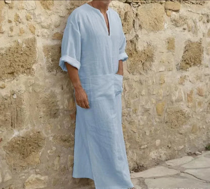 2026 New Muslim Robe Solid Color Retro Arab Islamic Clothing Men Dress Casual Cotton Linen Long Kaftan Middle East Caftan Abayas