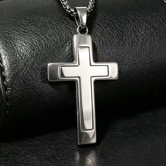 HNSP Stainless Steel Cross Pendant Necklace For Men Silver Color Waterproof Jewelry Gift 42MM*25MM Size