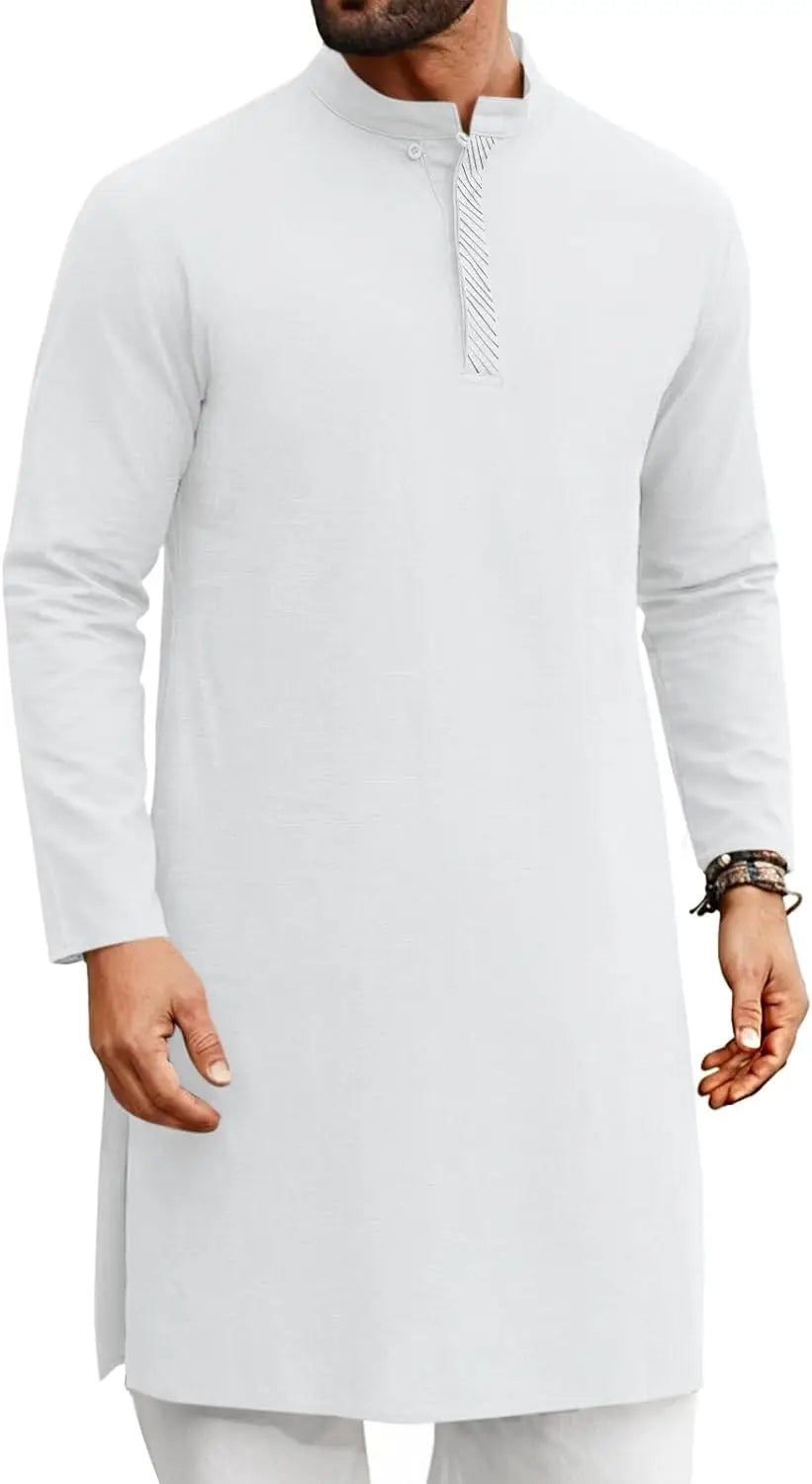 Mens Kaftan Thobe Long Sleeve Casual Henley Shirts Button Down Kurta Cotton Linen Muslim Gown Robe