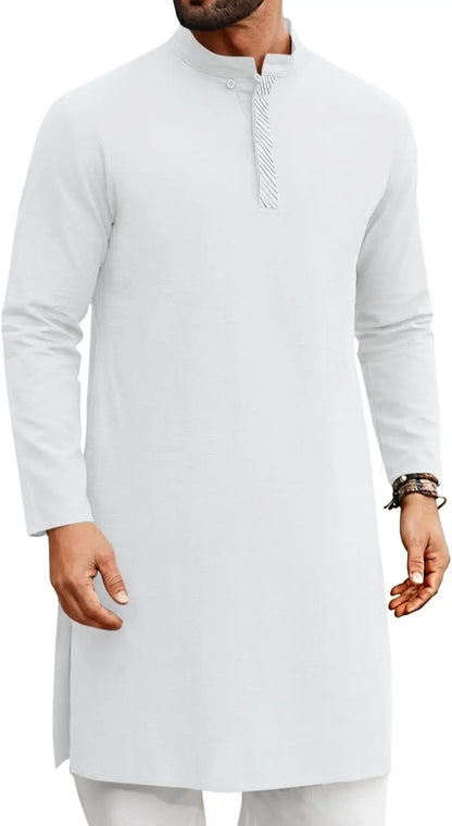 Mens Kaftan Thobe Long Sleeve Casual Henley Shirts Button Down Kurta Cotton Linen Muslim Gown Robe