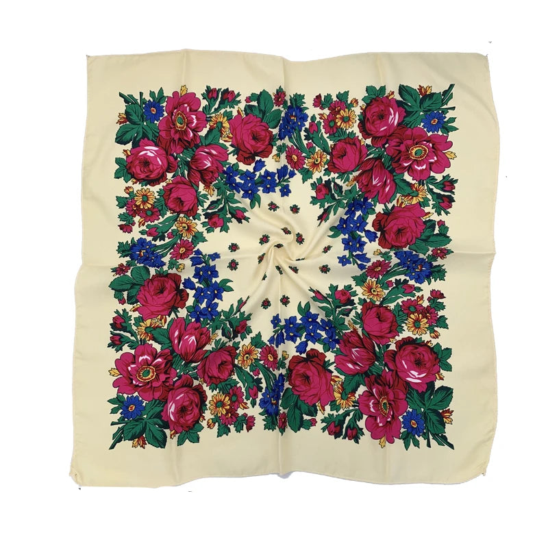 Babushka Bloom – 70cm Retro Floral Square Headscarf for Women