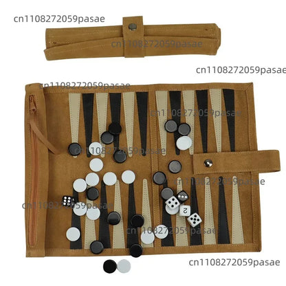 Portable Backgammon Chess Set Roll Up Storage Suede Case with Black White Pieces Travel Board Game