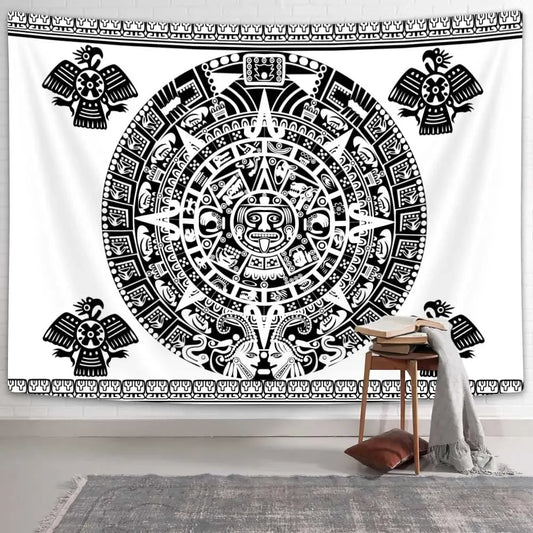Aztec Calendar Tapestry Black and White Vintage Mayan Sign Ancient Words Wall Hanging for Bedroom Living Room Dorm Home Decor