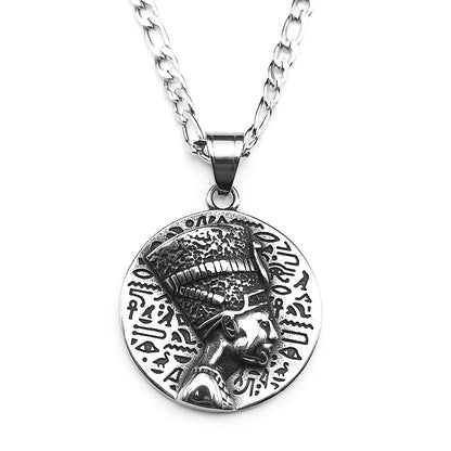 Nefertiti & Ankh Pendant – Titanium Steel Egyptian Cultural Symbol Necklace
