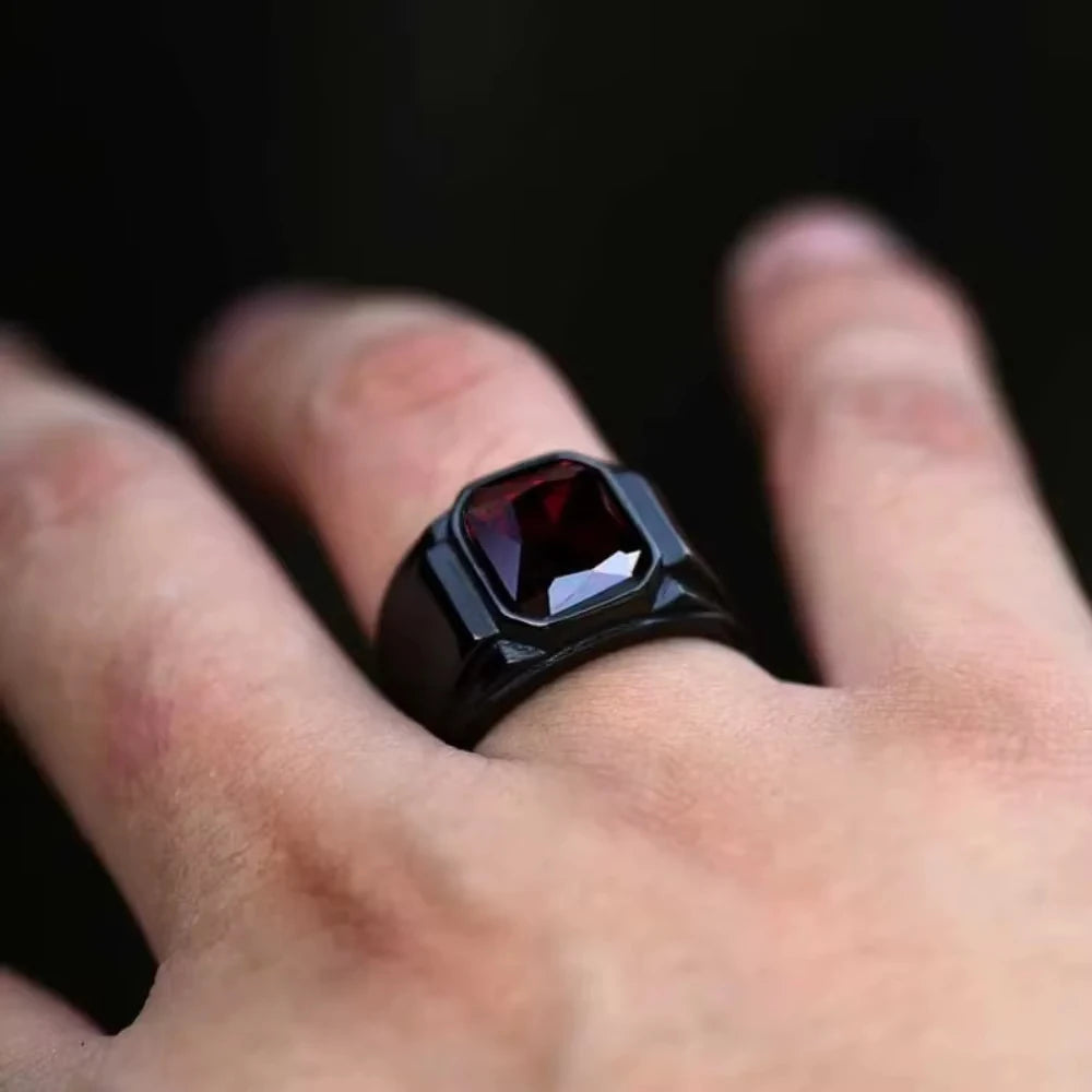 Huaya Men's Black/Red Square Zircon Inlaid Rings Unique Temperament Party Elite Men Delicate New Ring Jewelry Accessories