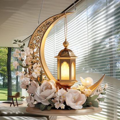 1Pcs Ramadan Golden Moon Hanging Decoration with Lighted Lantern Floral Decoration Eid Al-Fitr Islamic Style Hanging Ornament