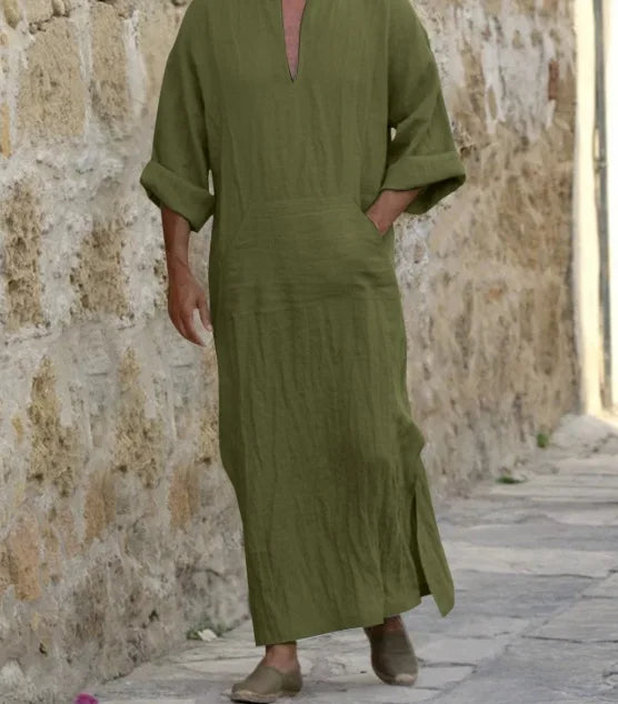 The Essential Thobe – Solid Color Cotton Linen Kaftan for Men