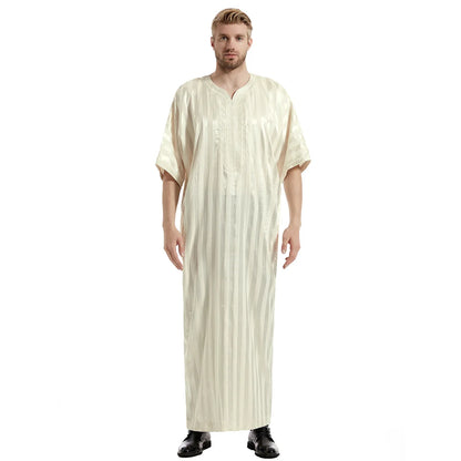 Middle Eastern Muslim Men's Striped Middle Sleeve Embroidered Robe Half Sleeve Arabic Costume Traditional Men's Robe