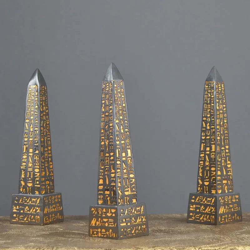 Gold-Plated Egyptian Obelisk – Resin Hieroglyphic Monument, Ancient Civilization Decor