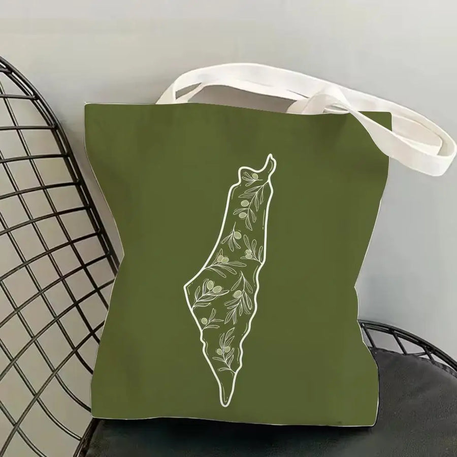 The Olive Map – Double-Sided Arabic Calligraphy Canvas Shoulder Tote
