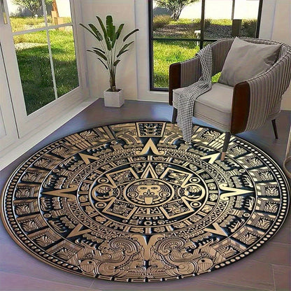 Retro Aztec Sun Calendar Round Rug Mayan Culture 3D Print Non-slip Floor Mat for Living Room Bedroom Mystical Home Decor Carpet